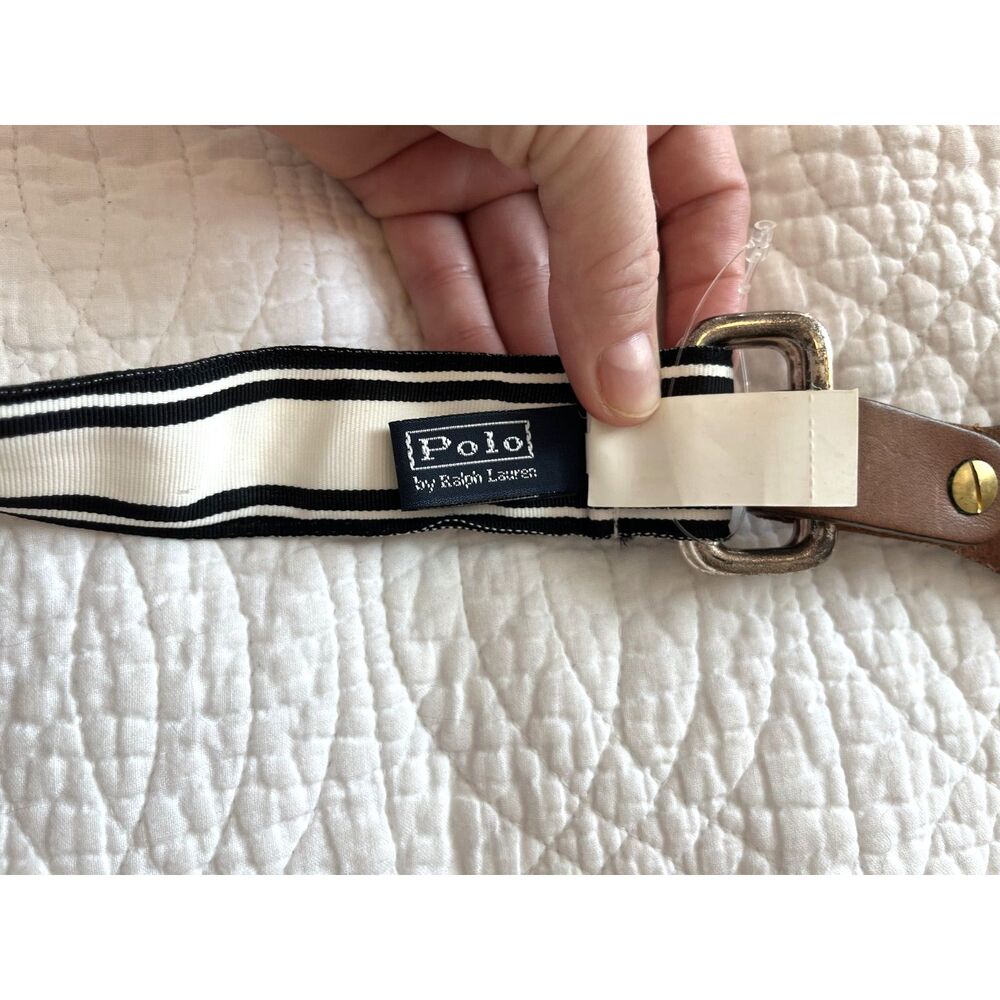 Polo Ralph Lauren Vintage Ribbon Belt Mens Black White Striped Double D-Ring XL - Picture 3 of 10